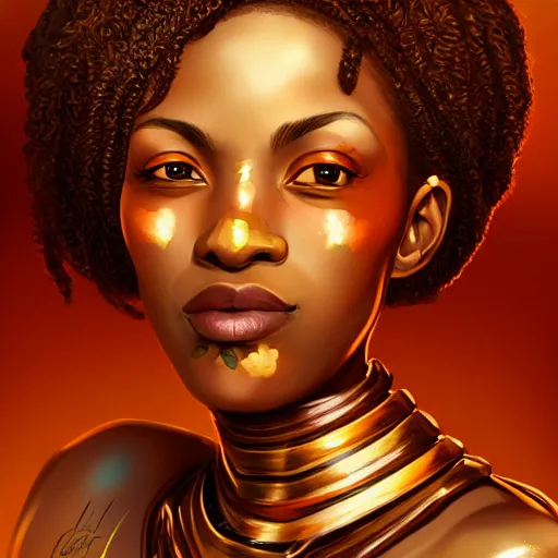 Image similar to beautiful portrait of an african american woman with an orange glow on her face medieval metallic knight armor, artstation, cgsociety, masterpiece, dark fantasy