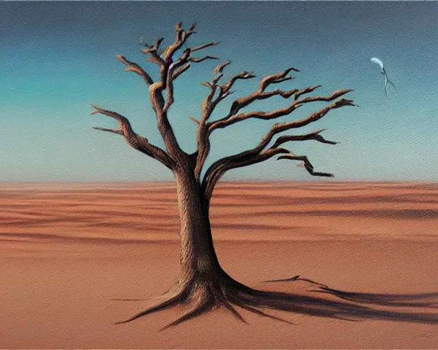 Prompt: a painting of a tree in the desert, an airbrush painting by breyten breytenbach, sea of sand, cgsociety, neo - primitivism, airbrush art, dystopian art, apocalypse landscape