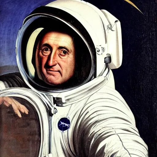 Prompt: Bertie Ahern wearing an astronaut helmet, painted by Caravaggio