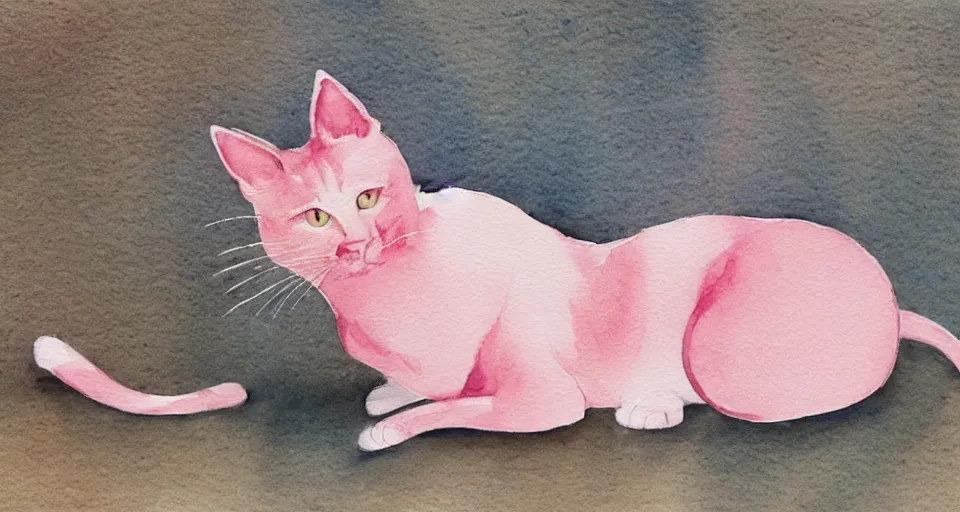 Image similar to a beautiful watercolor painting of a pink cat stretching