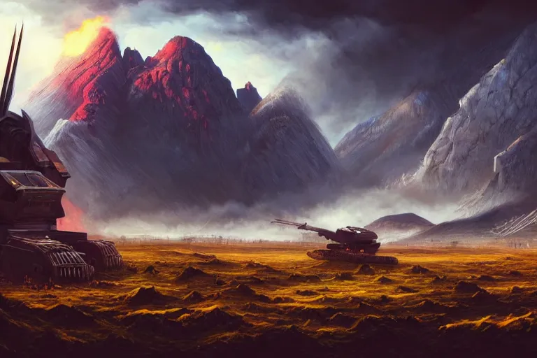 Prompt: landscape painting of destroyed meadows with destroyed mountainrange in background, cyber world war 3, cyber battlefield, robot harvester machine from hell, ai enemy, cyber war, dystopian wasteland, destroyed nature, apocalyps, winter, fine details, magali villeneuve, artgerm, rutkowski