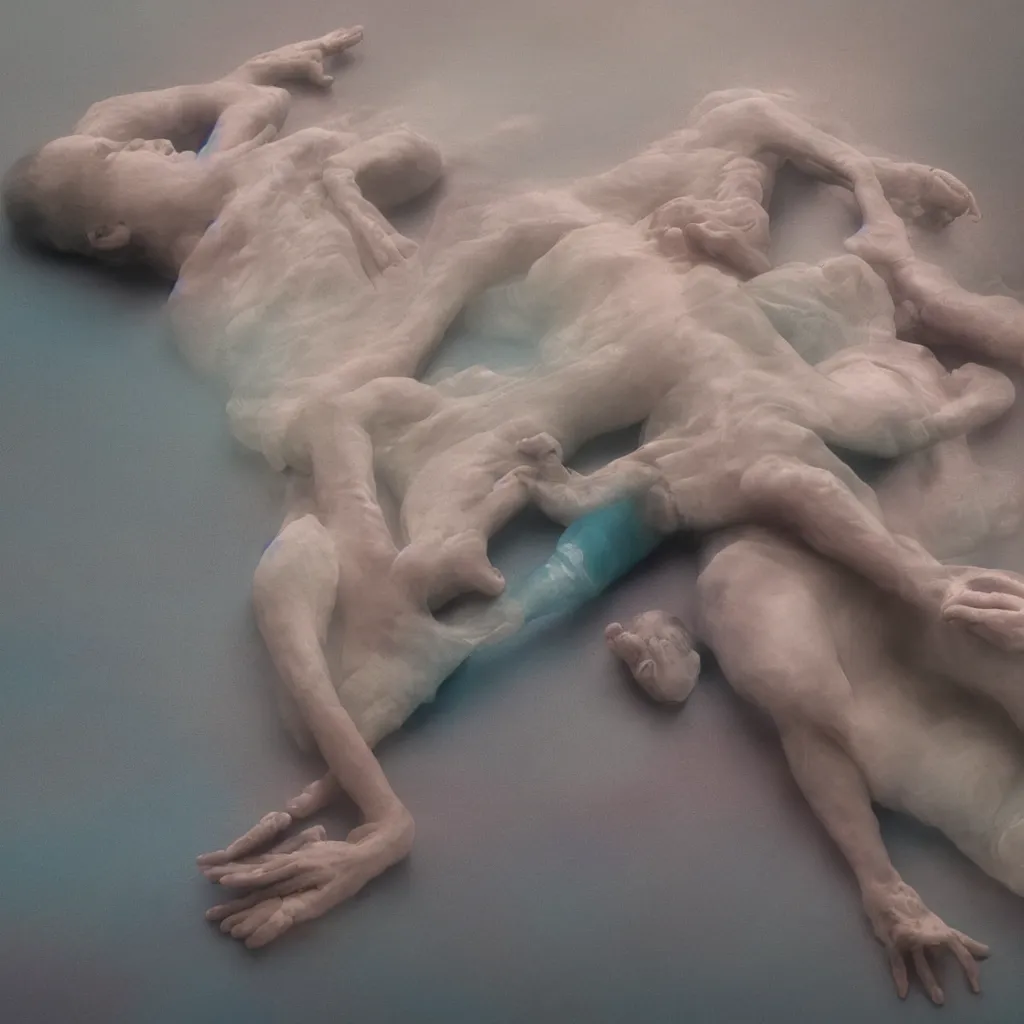 Image similar to cinestill of iridiscent oil with corpses connected by ethernet cables to wax technical forms to a buried baby relaxing on yoga mat, faded, iridiscent gradient, fog, depth of field, blur, very detailed, by nadav kander and hans bellmer, 8 k, ultrarealistic, sad atmosphere, cinematic, 8 5 mm lens