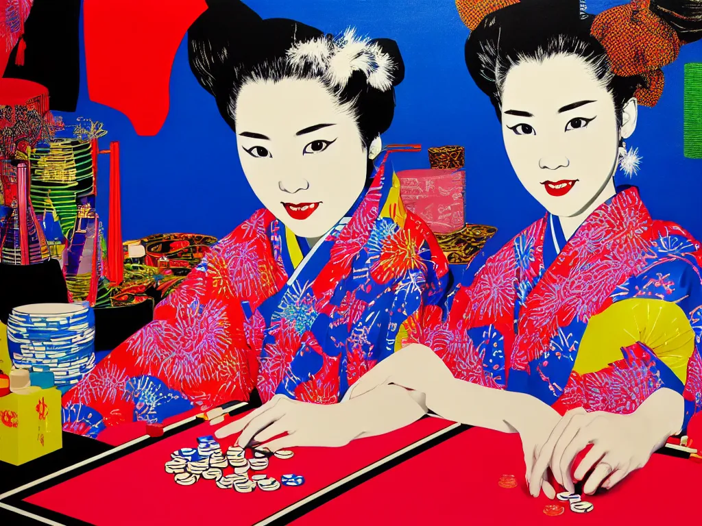 Image similar to hyperrealism composition of the detailed woman in a japanese kimono sitting at a poker table with predaror, fireworks on the background, pop - art style, jacky tsai style, andy warhol style, acrylic on canvas