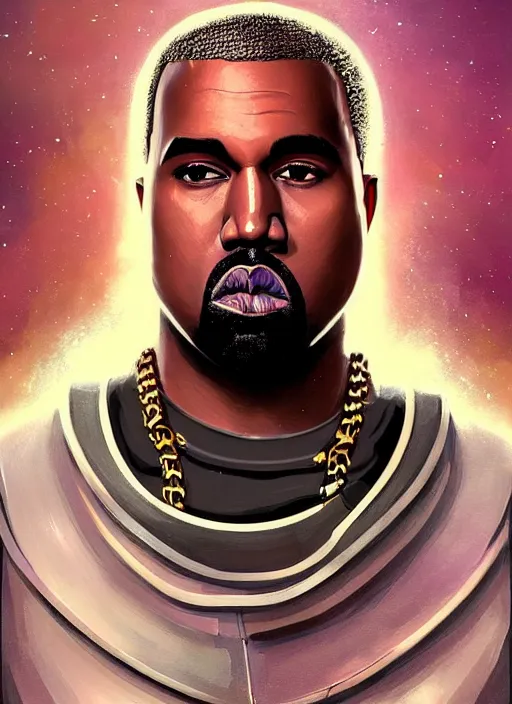 Prompt: painted full body portrait of kanye west as a magicpunk futuristic medieval astronaut by greg rutkowski, he is about 3 0 years old, short blond hair, athletic and strong, straight jaw, wearing futuristic space gear, highly detailed portrait, digital painting, artstation, concept art, smooth, sharp foccus ilustration, artstation hq.