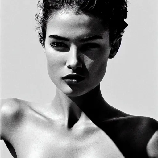 Prompt: black and white vogue closeup portrait by herb ritts of a beautiful young model, lips, eyebrows, high contrast