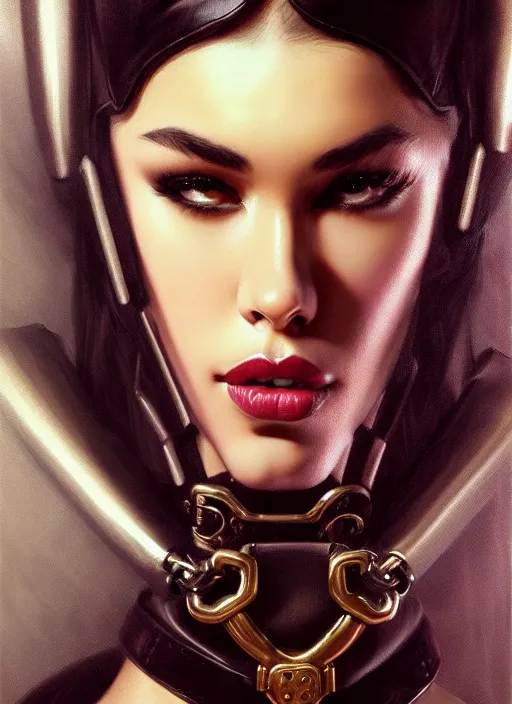 Image similar to portrait of madison beer as a sultry domina, collar and leash, leather, greek, intricate, headshot, madison beer face, highly detailed, digital painting, artstation, concept art, sharp focus, cinematic lighting, illustration, art by artgerm and greg rutkowski, frank frazetta, boris vallejo, alphonse mucha, cgsociety