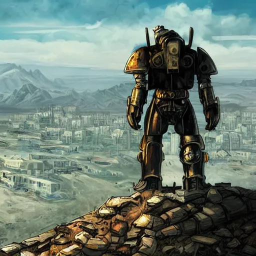 Image similar to man in fallout 3 power armor on a high cliff looking at a nuclear bombed city off in the distance, high resolution fantasy concept art, realistic, intricate details, soft lighting