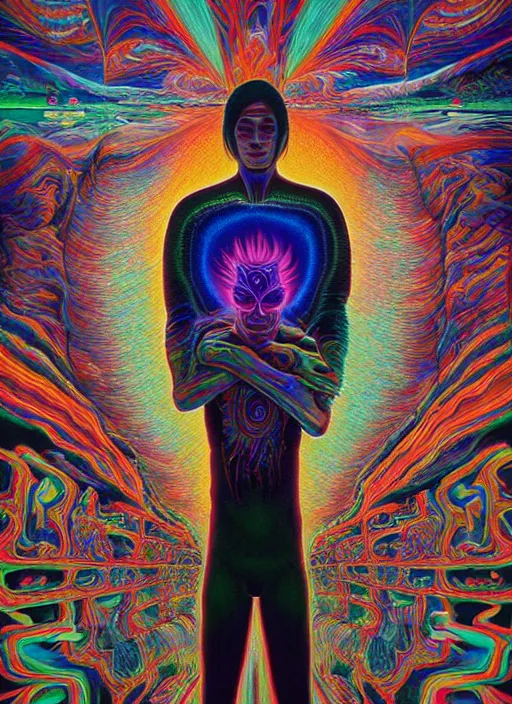 Image similar to portrait ultra dimensional indigenous native, accidentally tripping on dmt and acid, psychedelic experience, overwhelming psychosis of self realization and burning awakening, ultra high definition, unreal engine 5, hyperrealism, masterpiece composition, by casey weldon, barclay shaw