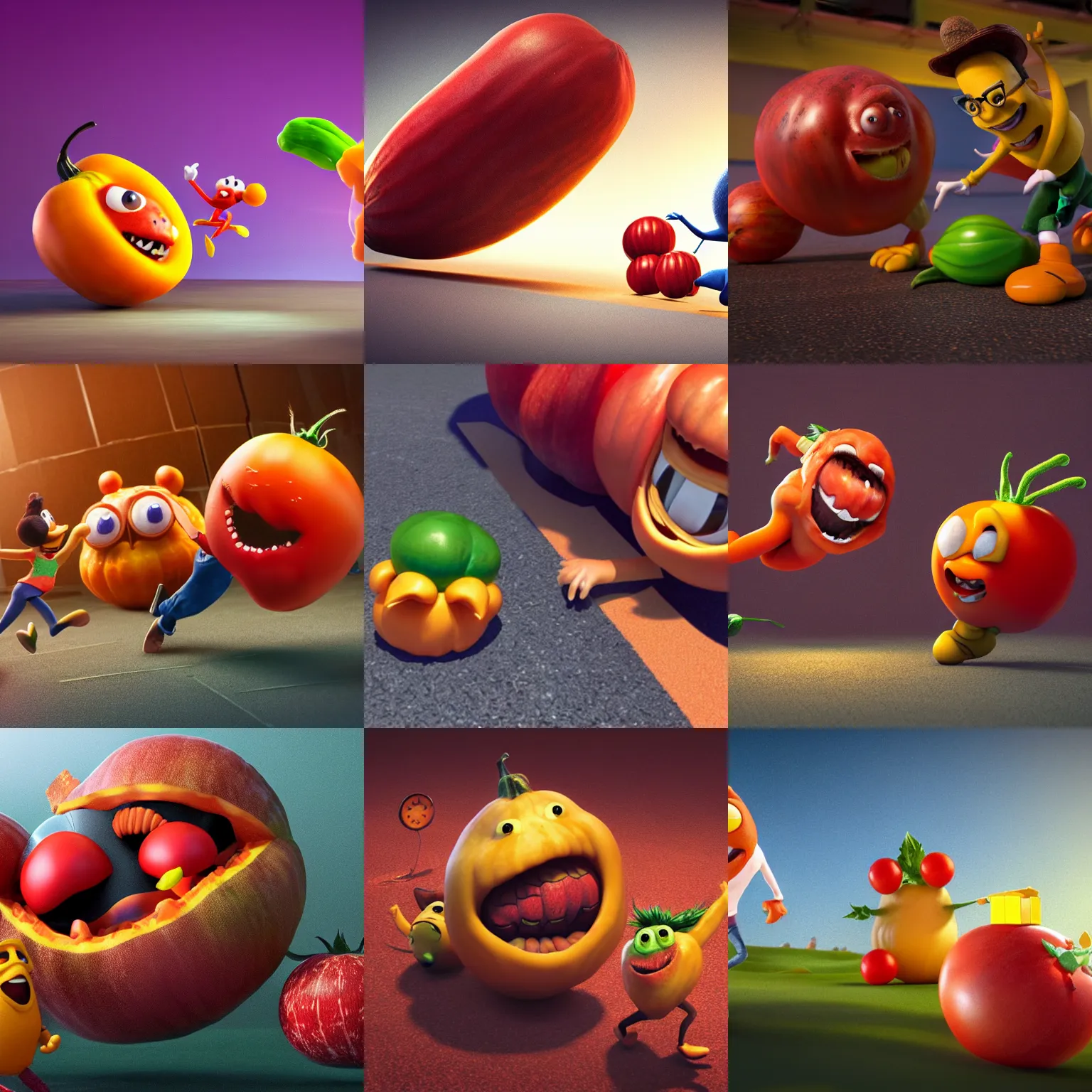 Prompt: detailed 3 d render of a squash character chasing a tomato figure, hyper realistic octane render, dramatic scene, nightmare, surrealism, pixar, disney, cartoon