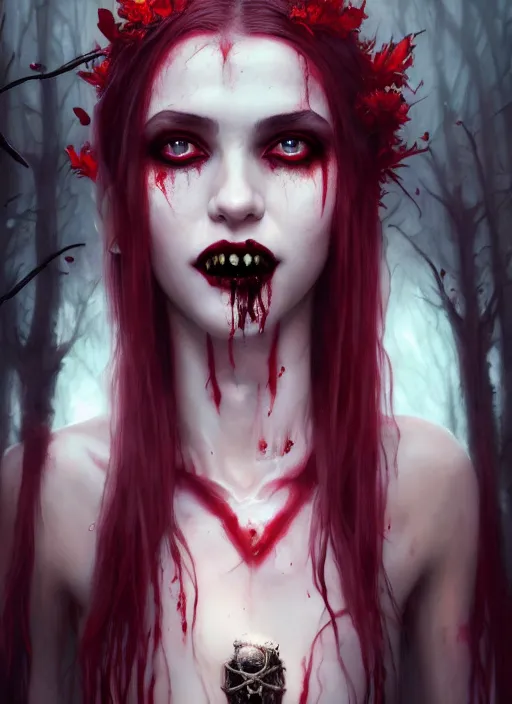 Image similar to beautiful, very very very extreme closeup portrait, bloody, vampire girl, extreme blood, vampire fangs, medieval dress. witch, makeup. unreal engine, greg rutkowski, loish, rhads, beeple, tom bagshaw, alphonse mucha, global illumination, detailed and intricate environment