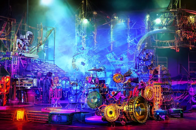 Image similar to close up of an outdoor festival stage with audience, on stage is a rockband with 3 steampunk robots with guitars and drums, center of the stage is a big futuristic steampunk generator with gears and belts and tubes, laser show, 8 k, fluorescent colors, halluzinogenic, multicolored, exaggerated detailed, unreal engine, 8 0 mm lens