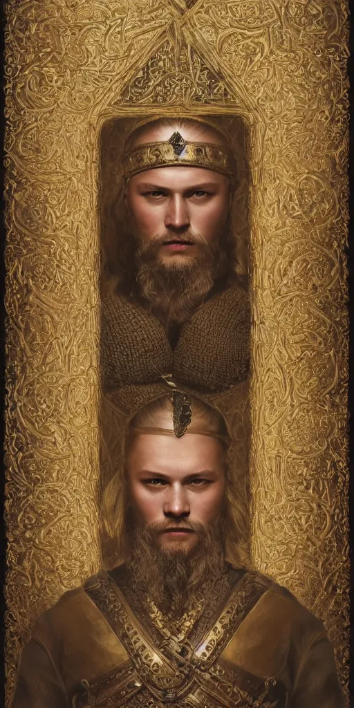 Image similar to a stunning and noble highly detailed romantic period style portrait of the Viking king Ragnar Lothbrok by Josep Tapiró Baró, trending on artstation, oil painting masterpiece, symmetry, fractals, Norse iconography