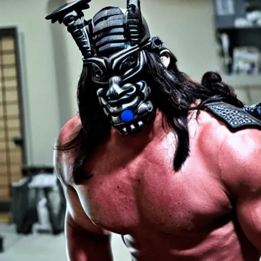 Image similar to fierce big muscular samurai wearing a cybernetic oni mask, cyber, scifi, movie still