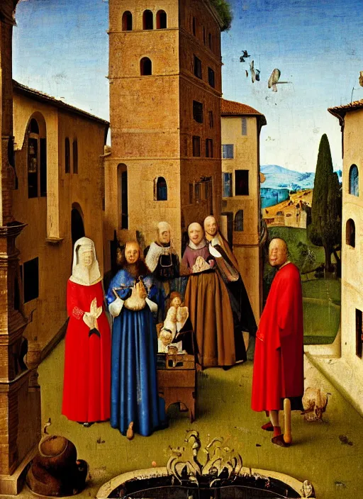 Image similar to Medici family in Tuscany by Jan van Eyck, Hieronymus Bosch, Johannes Vermeer 4k post-processing, highly detailed medieval painting