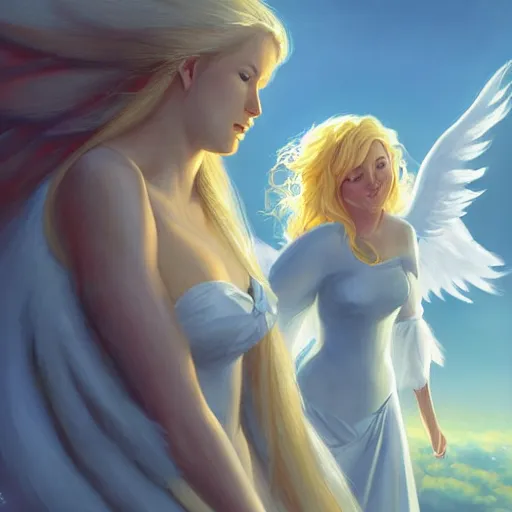 Image similar to a painting of an angel, a young woman with long blond hair and a halo smiling in heaven, looking down at her friend, a woman with long blond hair on earth, andreas rocha