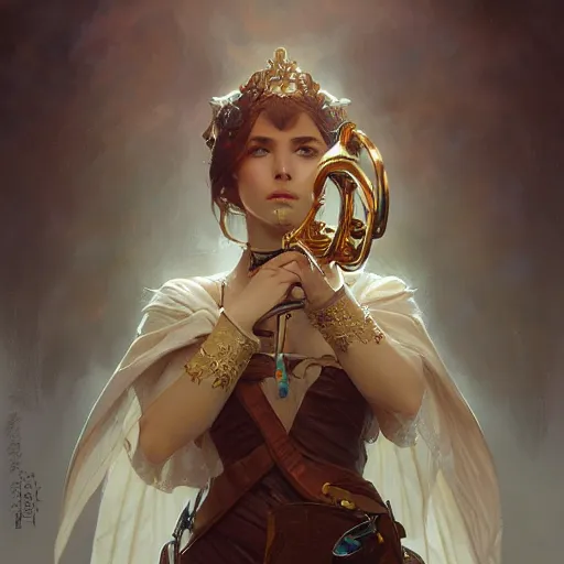 Image similar to a strange blowing horn, d & d, fantasy, intricate, elegant, highly detailed, digital painting, artstation, concept art, smooth, sharp focus, illustration, art by artgerm and greg rutkowski and alphonse mucha