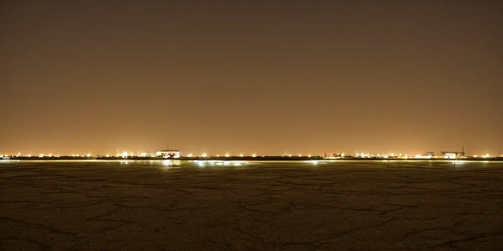 Prompt: at night, there is a lonely hotel on the edge of the yellow river tidal flat that still emits warm lights, a lonely star, a lonely boat, a lonely lamp