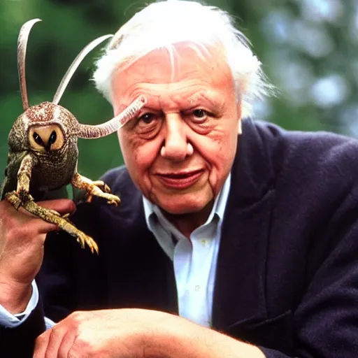 Image similar to Sir David Attenborough holding Mothman