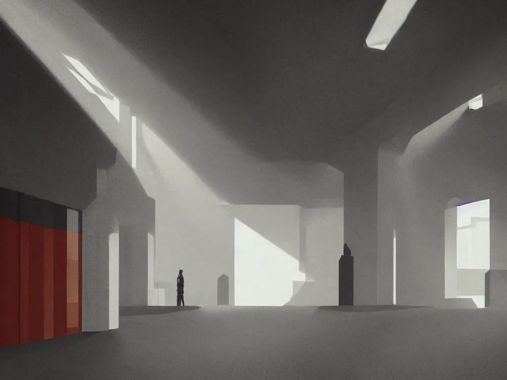 Prompt: colorful minimalist industrial interior hallway with monolithic pillars in the style of ridley scott and stanley kubrick, impossible stijl architecture, science fiction, lone silhouette in the distance, ultra wide angle view, cinematic, god rays, volumetric lighting, realistic detailed painting by edward hopper