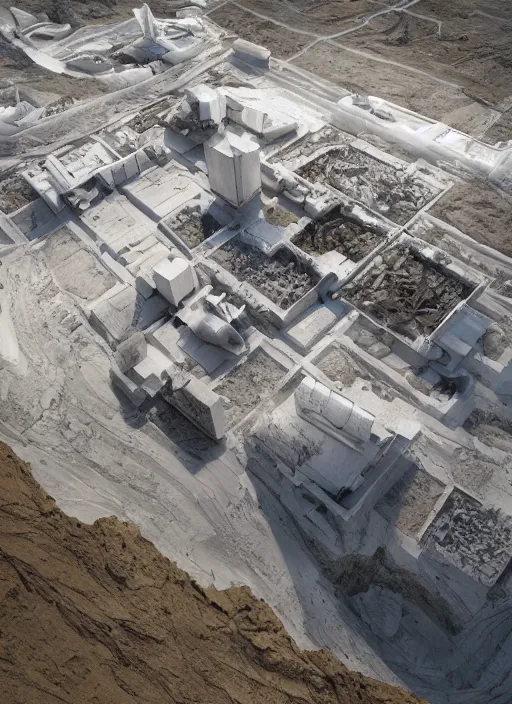 Prompt: bioremediation white mining tailing futuristic horizontal architecture in chuquicamata, epic, cinematic, hyperealistic, high detailed, corona render, hdr, ray tracing