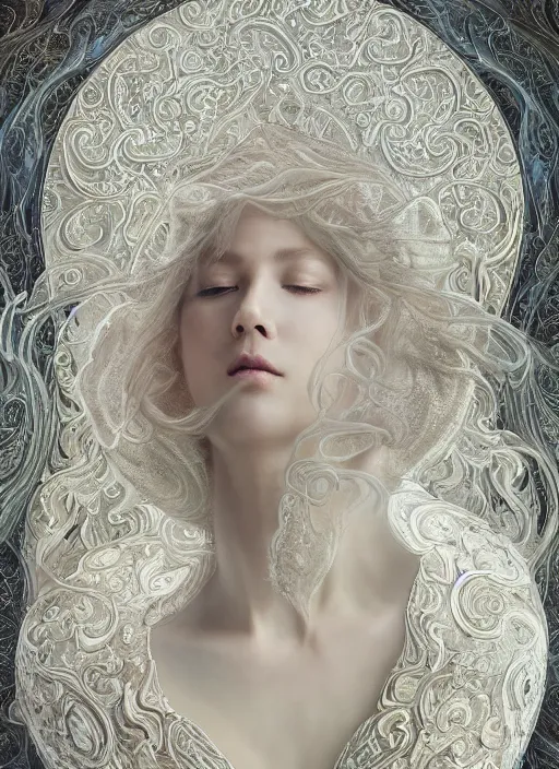 Image similar to opalescent marble sculpture of beautiful woman dissolving into shimmering dust, diaphanous, ivory carving, pearlescent, caustics, fractal paisley inlay, lace, intricate, elegant, highly detailed, smooth, sharp focus, mucha, digital photography, by ruan jia and greg rutkowski