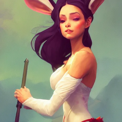 Prompt: reyna ( valorant ) wearing a bunny suit, cg animation, riot entertainment, realistic, character select portrait, by artgerm, greg rutkowski, alphonse mucha, unreal engine 5, trending on artstation, full body