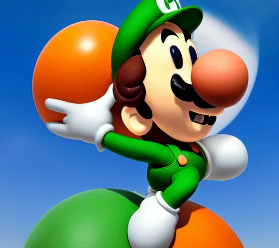 Image similar to luigi floating on an egg over the sea