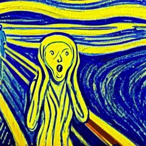 Image similar to painting of edvard munch's the scream with van gogh's the starry night in the background, detailed