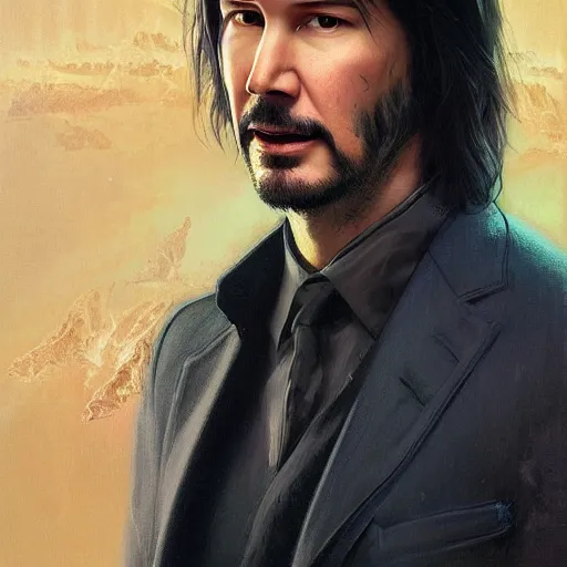 Image similar to portrait of keanu reeves, majestic, elegant, highly detailed, digital painting, artstation, concept art, smooth, sharp focus, illustration, art by artgerm and greg rutkowski and alphonse mucha