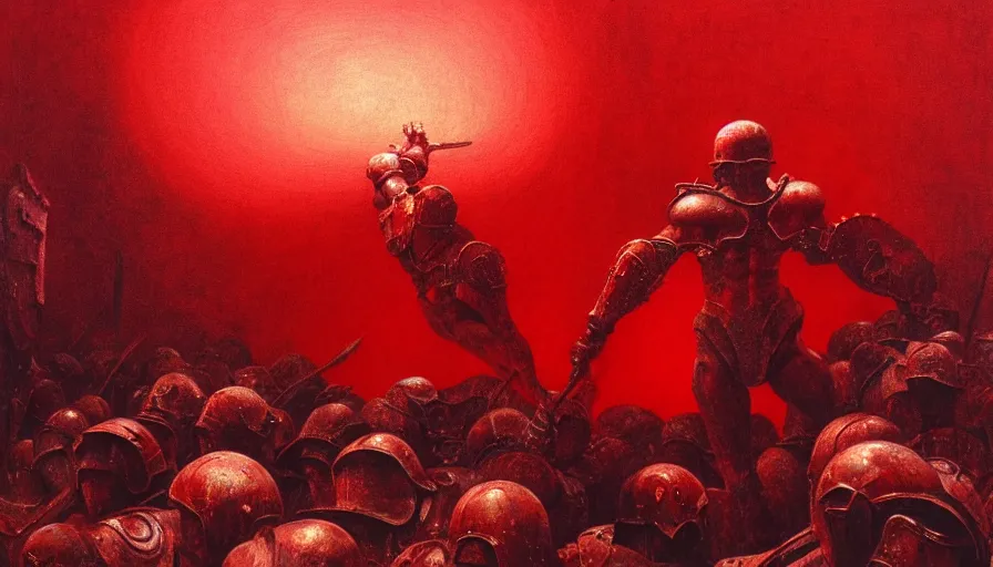 Image similar to only with red, a lightly armored gladiator in a crowded roman amphitheatre, crowd cheering, in the style of beksinski and edward hopper and rodcenko and yue minjun and artgerm, intricate and epic composition, red by caravaggio, highly detailed, masterpiece, red light, artstation