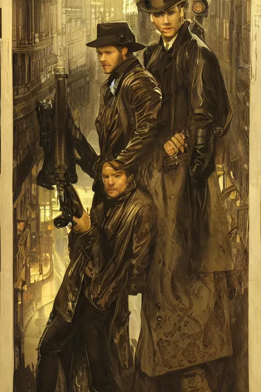 Image similar to a detailed matte portrait of jensen ackles and jared padalecki in a supernatural sherlock holmes story, 1 8 th century london in the rain, city streets, ominous, masterpiece, 8 k, art by alphonse mucha and greg rutkowski