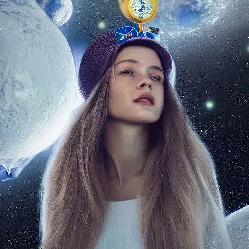 Image similar to a portrait of a beautiful woman exploring a space ship by bruce weber, long hair, aged 2 5, swedish, wearing a travel hat, photo realistic, real life, photograph, 3 5 mm, octane render, trending on artstation