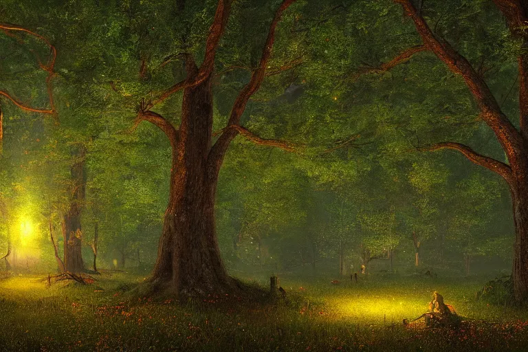 Image similar to masterpiece painting, fireflies vortex illuminating an old antic oak forest at night, peaceful scene, 8 k octane render, atmospheric effects, by jean hugo, artstation, deviantart