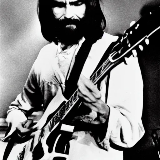 Image similar to charles manson playing guitar on stage with the beatles, black and white, high quality photography, realistic, detailed, uncropped, realistic face,