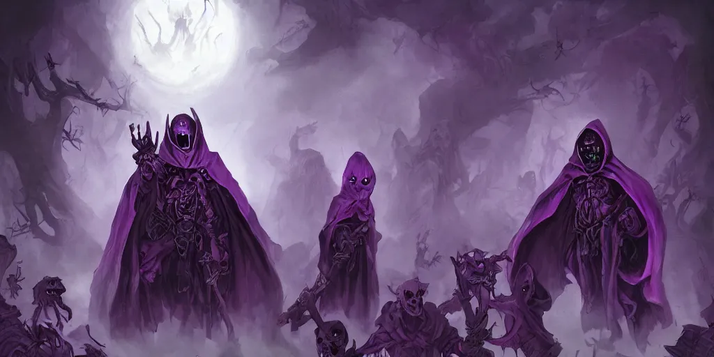 Image similar to cute purple cloaked lich summoning an undead army, epic fantasy illustration by Brom:5, cute:2, lich:-1