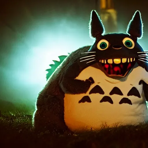 Image similar to action photograph of a terrifying totoro with glowing eyes about to attack the camera, claws, sharp teeth, aggressive violent realistic flash photography