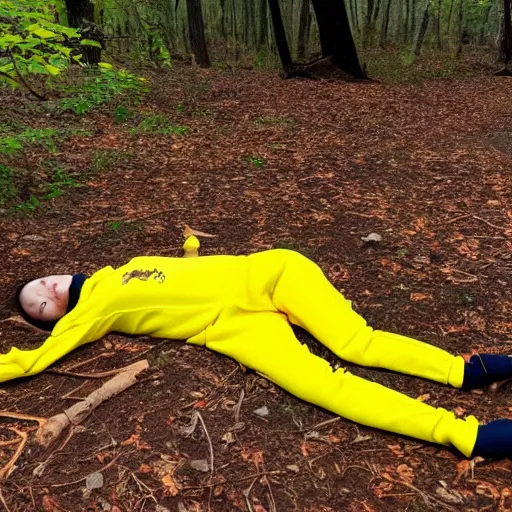 Prompt: young female wearing a yellow velor sweat suit lying dead on the ground in a forest. She is mostly covered by dark colored leaves and twigs