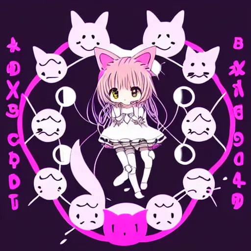 Image similar to digital card art of anime (cat) girl with cat ears surrounded by magic circles. Pink hue. Highly detailed. Beautiful