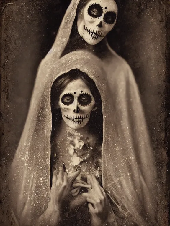 Prompt: tintype virgin mary in dia de muertos dress and make up, horrific beautiful vibe, evocative, atmospheric lighting, painted, intricate, highly detailed,