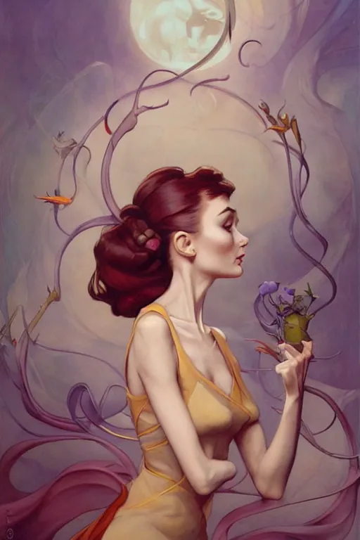 Image similar to Audrey Hepburn by Peter Mohrbacher in the style of Gaston Bussière, Art Nouveau