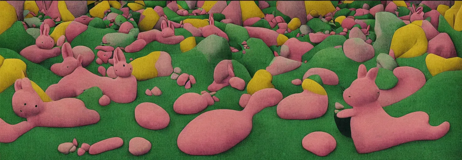 Image similar to a rock garden filled with pink rabbits, by m. c. escher, yellow, green, red, snowy, ultra sharp, ultra detailed, cyberpunk, happy, uplifting, colorized by salvador dali