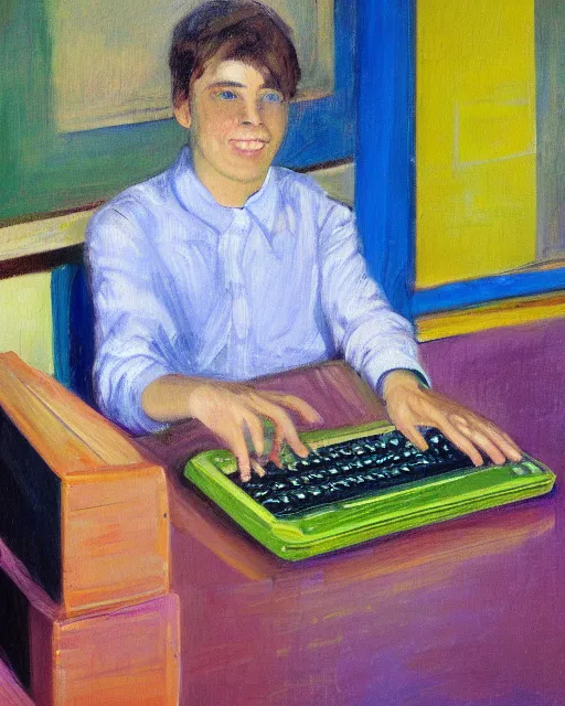 Image similar to an impressionist oil portrait of a young teacher of computer science with a computer, colorful, high resolution