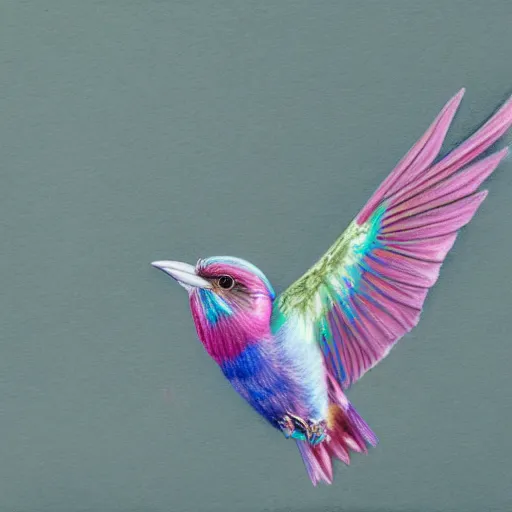Image similar to a color pencil drawing of an lilac - breasted roller flying away by natalia rojas and ana maria martinez jaramillo, pastel color, wingspan, high quality, artstation, 4 k, realism, ultra realistic, fine art, white background, professionnal work