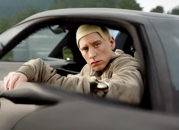 Image similar to a very high resolution image from a new movie, eminem driving a car. inside of a car. alone. mountains, directed by wes anderson