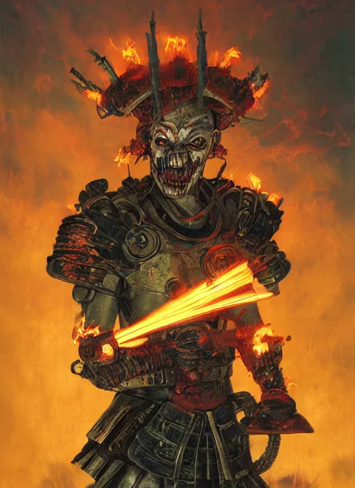 Image similar to portrait of a diabolical cyborg clown samurai fires a flamethrougher, wearing burning torn cape, dynamic pose, glowing eyes, ancient ruins, glowing veins subsurface scattering, in clouds, sunset, portrait, by gerald brom, by mikhail vrubel, by peter elson, muted colors, extreme detail, reflections, trending on artstation, 8 k