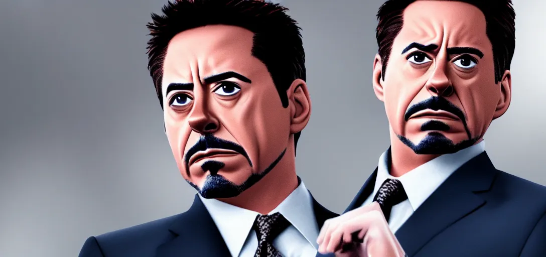 Image similar to a very high resolution image of tony stark. from an episode of the office with micheal scott. photorealistic, photography