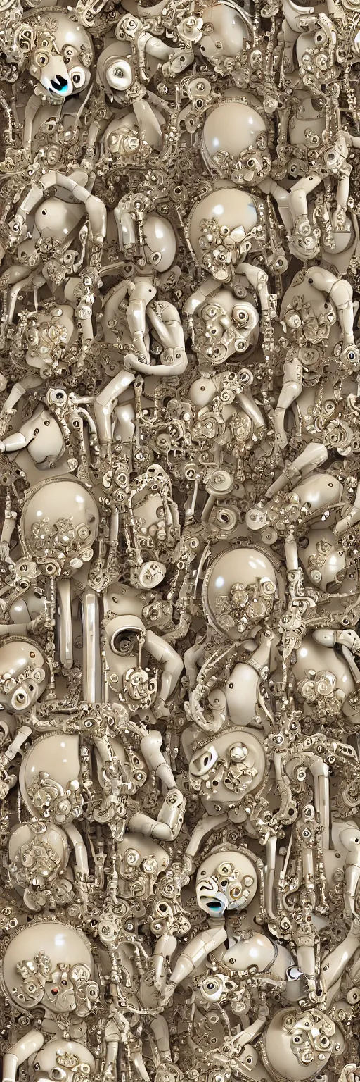 Image similar to seamless pattern of beautiful cybernetic baroque robots, beautiful baroque porcelain faces + body is clear plastic, inside organic robotic tubes and parts, front facing, wearing translucent baroque rain jackets, rococo frame + symmetrical composition + intricate details, hyperrealism, wet, reflections + by alfonse mucha, no blur