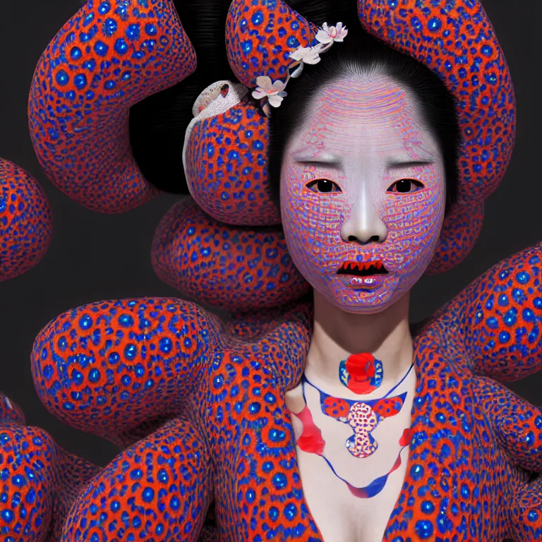 Image similar to hyperrealistic detailed image of a geisha in a art installation room, hd smooth interior by yayoi kusama, part by kei mieno, part by ross tran, dark art by james jean, ultra realistic, highly detailed, life like face, detailed body, 8 k, 3 d render by roger magrini, masterpiece