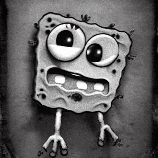 Image similar to demented creepy spongebob, scary, horror, gloomy, dark, terrifying, terror, frightful, realism, poloroid photo, old,