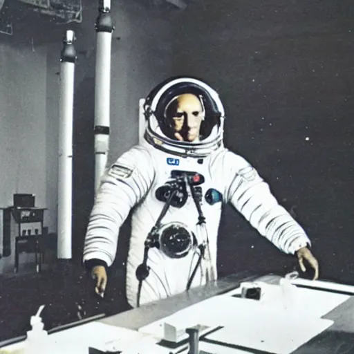 Image similar to old photograph of an astronaut in a futurist lab doing occult experiments